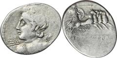 ANCIENT COINS Roman Republic, Licinius Macer, DenariusRoman Republic C. Licinius L.f. Macer (84 BC), Denarius 84 BC, Rome mint Obverse: bust of Apollo or Vejovis left, viewed from behind, wearing taen