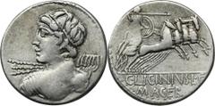 ANCIENT COINS Roman Republic, Licinius Macer, DenariusRoman RepublicC. Licinius L. Macer (84 BC), Denarius 84 BC, Rome mint Obverse: bust of Apollo or Vejovis left, viewed from behind, wearing taenia 