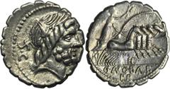 ANCIENT COINS Roman Republic, Q. Antonius Balbus, Denarius serratus Attractive coin with plenty of mint luster.Roman RepublicQ. Antonius Balbus, Denar serratus 83-82 BC, Rome mint Obverse: laureate he