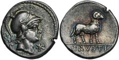 ANCIENT COINS Roman Republic, L. Rustius, DenariusScratch on obverse. Roman Republic L. Rustius (76 BC), Denarius 76 BC, Rome mint Obverse: head of young Mars facing right, the letter S C on the back 