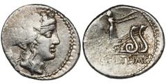 ANCIENT COINS Roman Republic, Volteius, DenariusAttractive piece with mint gloss and delicate patina. Roman RepublicM. Volteius M. f., Denarius 75 BC, Rome mintObverse: head of Bacchus or Liber right,