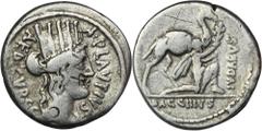 ANCIENT COINS Roman Republic, A. Plautius, DenariusGraffiti on the reverse. Roman Republic A. Plautius, Denarius 55 BC, Rome mint Obverse: turreted head of Cybele right, A•PLAVTIVS downwards before, A