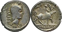 ANCIENT COINS Roman Republic, L. Valerius Acisculus DenariusRare denarius with nice patina.Reverse depicts the myth of Jupiter and Europa. Transforming into a white bull to join the herd of Europa's f