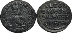 ANCIENT COINS Byzantine Empire, Leon VI, FollisByzantine Empire Leo VI (886–912), Follis, Constantinople Mint Obverse: bust with a short straight chin + LEON BASILEVS ROM Reverse: inscription in four 