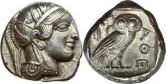 ANCIENT COINS Greece, Attica, Athens, TetradrachmGreeceAttica, Athens, Tetradrachm 454-404 BCObverse: head of Athena in the helmet facing rightReverse: owl standing to the right, with its head turned 