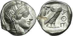 ANCIENT COINS Greece, Attica, Athens, TetradrachmTest cut to reverse.GreeceAttica, Athens, Tetradrachm 454-404 BCObverse: head of Athena in the helmet facing rightReverse: owl standing to the right, w
