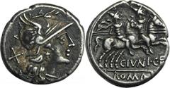 ANCIENT COINS Roman Republic, C. Junius C.f., DenariusRoman RepublicC. Junius C.f., Denarius 149 BC, Rome mintObverse: helmeted head of Roma right, X on left Reverse: Dioscuri galloping right C·IVNI·C