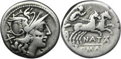 ANCIENT COINS Roman Republic, Pinarius Natta, Denarius - ex. AwianowiczCoin from the collection of prof. Bartosz Awianowicz.Roman RepublicPinarius Natta (149 BC), Denarius, Rome mint Obverse: helmeted
