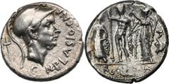 ANCIENT COINS Roman Republic, Cn. Cornelius Blasius, Denarius Harshly cleaned.Roman Republic Cn. Cornelius Blasius (112-111 BC), Denarius 112-111 BC, Rome mint Obverse: head of Mars in corynthian helm