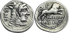ANCIENT COINS Roman Republic, L. Thorius Balbus, DenariusRare denarius minted in Rome in 105 BC by one of the monetary triumvirs that year (latin: tres viri monetales), Lucius Thorius Balbus. Roman Re