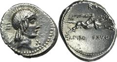 ANCIENT COINS Roman Republic, L. Calpurnius Piso Frugi, Denarius Attractive coin with plenty of mint bloom.Roman Republic L. Calpurnius Piso Frugi, Denarius 90 BC, Rome mint Obverse: laureate head of 