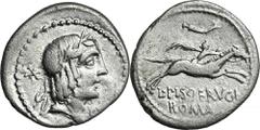 ANCIENT COINS Roman Republic, L. Calpurnius Piso Frugi, DenariusRoman Republic L. Calpurnius Piso Frugi, Denarius 90 BC, Rome mint Obverse: laureate head of Apollo right, star in left field Reverse: h