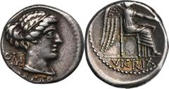ANCIENT COINS Roman Republic, M. Porcius Cato, DenariusRoman RepublicM. Porcius Cato (89 BC), Denarius 89 BC, Rome mint Obverse: head of Roma right, M·CATO in exergueROMA Reverse: Victory seated right