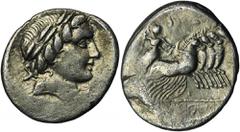 ANCIENT COINS Roman Republic, C. Gargonius Cicero, Ogulnius, M. Vergilius, DenariusRoman Republic C. Gargonius Cicero, Ogulnius, M. Vergilius, Denarius 86 BC, Rome mint Obverse: head of Apollo right R