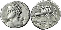 ANCIENT COINS Roman Republic, Licinius Macer, DenariusRoman Republic C. Licinius L.f. Macer (84 BC), Denarius 84 BC, Rome mint Obverse: bust of Apollo or Vejovis left, viewed from behind, wearing taen