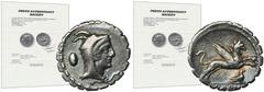 ANCIENT COINS Roman Republic, L. Papius, Denarius serratus - VERY RARE, ex. HendinVery rare type of Papius denarius with mint marks. On all denarii of this type, the mintmarks on the obverse and the r