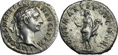 ANCIENT COINS Roman Imperial, Trajan, DenariusRoman ImperialTrajan (98-117), Denarius 98-99, Rome mint Obverse: radiated and draped bust rightIMP CAES NERVA TRAIAN AVG GERMReverse: Pax standing left, 