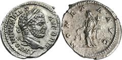 ANCIENT COINS Roman Imperial, Caracalla, DenariusRoman ImperialCaracalla (198-217), Denarius 210-213, Rome mint Obverse: laureate head rightANTONINVS PIVS AVG BRITReverse: Moneta standing left, holdin