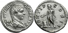 ANCIENT COINS Roman Imperial, Geta, DenariusRoman ImperialGeta (209-212) as Caesar, (198-209), Denarius 209, Rome mint Obverse: bare and draped bust rightP SEPTIMIVS GETA CAESReverse: Genius standing 