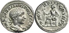 ANCIENT COINS Roman Imperial, Gordian III, DenariusRoman ImperialGordian III (238-244), Denarius 241-243, Rome mint Obverse: laureate, draped and cuirassed bust rightIMP GORDIANVS PIVS FEL AVGReverse: