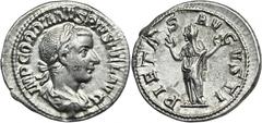 ANCIENT COINS Roman Imperial, Gordian III, DenariusRoman ImperialGordian III (238-244), Denarius 240, Rome mint Obverse: laureate, draped and cuirassed bust of Gordian to rightIMP GORDIANVS PIVS FEL A