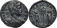 ANCIENT COINS Roman Imperial, Constans, FollisRoman ImperialConstans (337-350), Follis 340, Trier mintObverse: pearl diademed, draped, cuirassed bust rightCONSTANS P F AVG Reverse: two soldiers, helme
