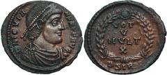 ANCIENT COINS Roman Imperial, Jovian, FollisRoman ImperialJovian (363–364), Follis 363–364, Sirmium mintObverse: pearl diademed, draped and cuirassed bust rightDN IOVIANVS P F AVGReverse: VOT V MVLT X