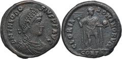 ANCIENT COINS Roman Imperial, Theodosius I, FollisRoman ImperialTheodosius I (379–395), Follis 392-395, Constantinople mintObverse: pearl diademed, draped and cuirassed bust rightDN THEODOSIVS P F AVG
