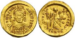 ANCIENT COINS Byzantine Empire, Justinian I, Solidus Reverse scratched. Byzantine Empire Justinian I (527–565), Solidus 527-538, Constantinople mint, 1st officina Obverse: the bust of the emperor stra