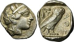 ANCIENT COINS Greece, Attica, Athens, TetradrachmEx Roma Numismatics Ltd., E-Sale 101, 13 October 2022, lot 146 Greece Attica, Athens, Tetradrachm 454-404 BCObverse: head of Athena in the helmet facin