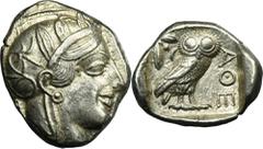 ANCIENT COINS Greece, Attica, Athens, TetradrachmGreece Attica, Athens, Tetradrachm 454-404 BCObverse: head of Athena in the helmet facing rightReverse: owl standing to the right, with its head turned
