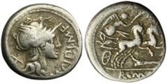 ANCIENT COINS Roman Republic, M. Cipius M. f., DenariusRoman Republic M. Cipius M. f. (115-114 BC), Denarius, Rome mint Obverse: helmeted head of Roma right, M•CIPI•MF before, X behind Reverse: Victor