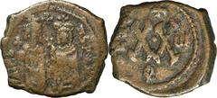 ANCIENT COINS Byzantine Empire, Phocas, Half follisByzantine EmpirePhocas (602-610), Follis 604-605, Antioch mintObverse: Phocas on the left, holding cross on globe, and Leontia, holding cross-surmoun