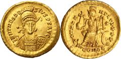 PREMIUM ANCIENT AND WORLD COINS Roman Imperial, Theodosius II, Solidus Mint luster on both sides.Slightly wavy.Obverse scratched.Roman Imperial Theodosius II (408–450), Solidus 430-440, Constantinople