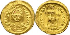 PREMIUM ANCIENT AND WORLD COINS Byzantine Empire, Justin II, SolidusByzantine Empire Justin II (565–578), Solidus, Constantinople mint Obverse: helmeted and cuirassed bust facing, holding shield and g