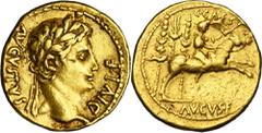 ANCIENT COINS Roman Imperial, Octavian Augustus, AureusInteresting aureus minted by Augustus with Caius Caesar on reverse. Roman Imperial Octavian Augustus (27 BC-14 AD), Aureus 8-7 BC, Lugdunum mint 