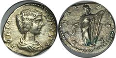 ANCIENT COINS Roman Imperial, Julia Domna, DenariusCoin in GCN grading with AU50 grade.Roman Imperial Julia Domna (wife of Septimius Severus, 193-217), Denarius 196-211, Rome mint Obverse: draped bust