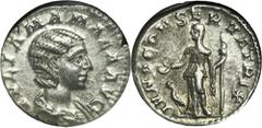 ANCIENT COINS Roman Imperial, Julia Mamaea, DenariusCoin in slab GCN graded AU58.Roman ImperialJulia Mamaea (222-235, mother of Severus Alexander), Denarius 225-235, Rome mintObverse: draped bust righ