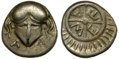 Greece Greece, Thrace, Messembria, DiobolGreeceThrace, Mesembria, Thrace, Diobol 450-350 BC Obverse: crested corinthian helmet facing, A Λ belowReverse: M E T A in four quarters of wheel, surrounded b