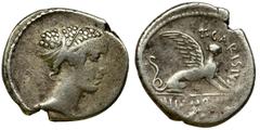 Roman Republic Roman Republic, Carisius, DenariusOn the reverse of the presented denarius, there is the Sphinx, a beautiful and very unusual presentation as for Roman coins, referring with its iconogr
