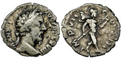 Roman Imperial Roman Imperial, Marcus Aurelius, Denarius - RARERare Marcus Aurelius denarius with a depiction of the rolling Mars, typical of the Emperor's gold and bronze coins.Roman EmpireMarcus Aur