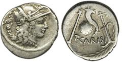 ANCIENT COINS Roman Republic, Carisius, DenariusRoman Republic T. Carisius (46 BC), Denarius, Rome mint Obverse: Roma head in attic helmet right, behind ROMA inscription Reverse: cornucopia on the glo