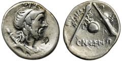 ANCIENT COINS Roman Republic, Cn. Cornelius Lentulus, DenariusRoman Republic Cn. Cornelius Lentulus Marcellinus, Denarius 76-75 BC, mint in Spain? Obverse: head of Genius Populi Romani facing right, a