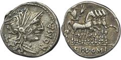ANCIENT COINS Roman Republic, Cn. Domitius Ahenobarbus, DenariusRoman RepublicCn. Domitius Ahenobarbus, Denarius 116-115 BC, Rome mintObverse: helmeted head of Roma right, curl on left shoulder, X beh