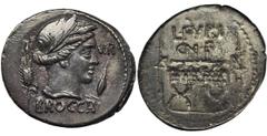 ANCIENT COINS Roman Republic, Furius Brocchus, DenariusRoman RepublicL. Furius Brocchus (63 BC), Denarius 63 BC, Rome mint Obverse: head of Ceres right, flanked by corn and barley ears Reverse: curule