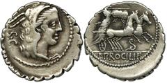 ANCIENT COINS Roman Republic, L. Procilius, Denarius serratusRoman Republic L. Procilius (80 BC), Denarius serratus, Rome mint Obverse: Juno head right, behind the letters S•C Reverse: Juno in biga ri