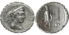 ANCIENT COINS Roman Republic, Mamilius Limetanus, Denarius serratusRoman Republic C. Mamilius Limetanus (82 BC), Denarius serratus 82 BC, Rome mint Obverse: draped bust of Mercury right, wearing winge