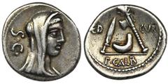 ANCIENT COINS Roman Republic, P. Sulpicius Galba, DenariusRoman Republic P. Sulpicius Galba, Denarius 69 BC, Rome mint Obverse: veiled and diademed head of Vesta right, S•C• behind Reverse: knife, sim