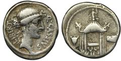 ANCIENT COINS Roman Republic, Q. Cassius Longinus, DenariusRare Cassius Longinus denarius commemorating his trial of the virgins of the Vestals, Emilia, Marcia, and Licinia, who had been indicted and,