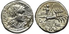 ANCIENT COINS Roman Republic, Q. Fabius Labeo, DenariusRoman Republic Q. Fabius Labeo (124 BC), Denarius, Rome mint Obverse: Roma head right, ROMA on the left, LABEO on the right and the mint mark Rev